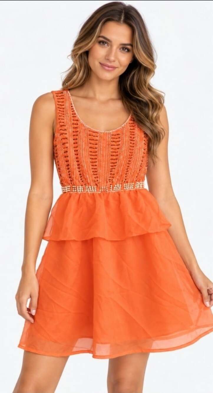 Angie Boho Plunge Mini Sundress Women's Pearl Bead Accents Coral Small New T100